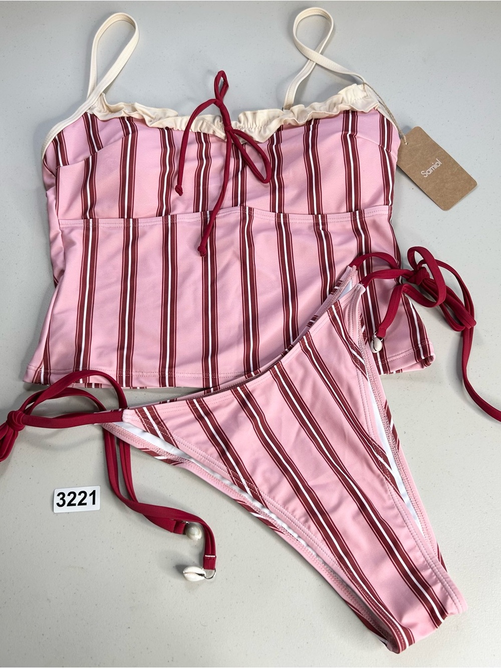 Samiol Pink & Burgundy Striped Tankini Bikini Set